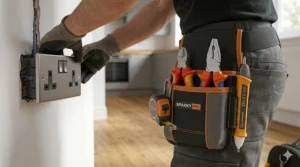 A 4K photorealistic close-up photograph capturing a rugged, compact electrician’s belt pouch holding VDE side cutters, pliers, and a Volt Stick, while a gloved hand installs a brushed steel Type G UK socket.