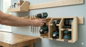 A woodworker safely cutting a forty-five degree bevel on a table saw to create matching runners for a French cleat system.