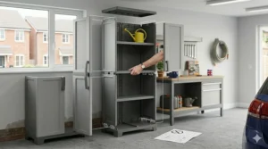 An exploded-view illustration showing the simple, tool-free assembly process of a durable polypropylene garage cupboard.