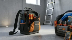 A 4K photorealistic view of a heavy-duty electrician’s tool backpack in a UK commercial switch room, made of robust black and orange ballistic nylon, sitting near a professional ladder under natural window light.