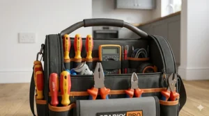 A close-up, high-detail photograph of the interior compartments of the Sparky Pro electrician’s tool bag, showcasing neatly organised VDE insulated screwdrivers, pliers, and a multimeter.