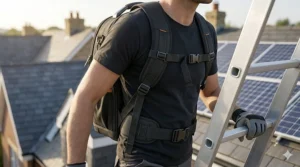 A photorealistic 4K detailed photograph from behind a technician actively wearing a robust electrician’s tool backpack while ascending a professional extendable ladder, focusing on the padded shoulder strap and chest buckle.