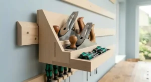 A custom timber chisel rack attached to a French cleat system, holding a neat row of woodworking hand tools.