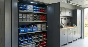 Inside a heavy duty garage cupboard featuring organised parts bins for screws, bolts, and small DIY hardware.