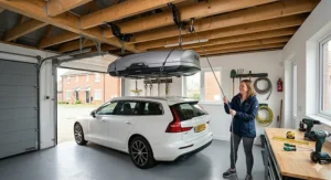 Alt text for image 2: An overhead garage ceiling pulley system hoisting a large black car roof box safely above an estate car.