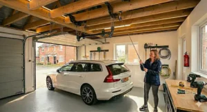 Alt text for image 9: A side-profile illustration showing the vertical clearance gained above a vehicle bonnet by using a garage ceiling pulley system for overhead storage.