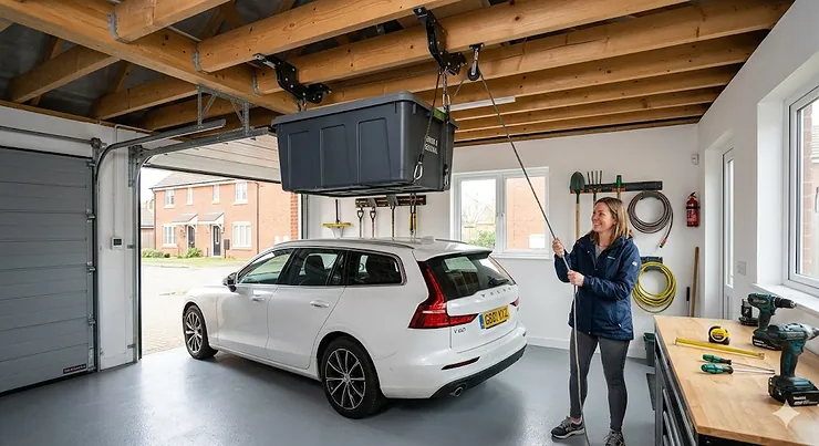 Alt text for image 1: A heavy-duty garage ceiling pulley system installed between timber roof joists, lifting a storage platform loaded with plastic boxes to clear floor space. garage ceiling pulley system