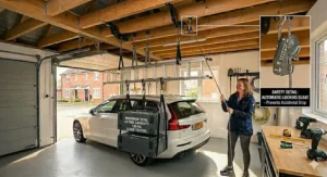 Alt text for image 7: Infographic displaying the safe maximum load capacity in kilograms for a heavy-duty garage ceiling pulley system.