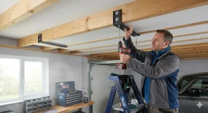 Before and after comparison of a cluttered British garage floor versus an organised layout using overhead ceiling storage racks.