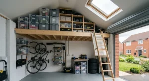 Professionally installed raised garage loft storage solutions showing tongue and groove loft boards fitted over insulation protective legs.