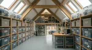 Safety handrail and timber kickboard installed along the edge of raised garage loft storage solutions to prevent falls.