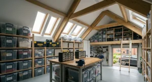 Custom built timber shelves slotted between wooden roof trusses, creating efficient garage loft storage solutions for smaller items.