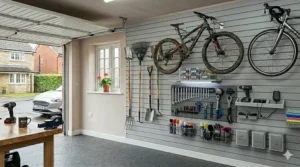 A robust tyre rack accessory mounted on a heavy-duty slatwall system garage wall, holding a set of four winter car tyres.