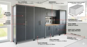 Technical drawing showing the height and width of a heavy duty garage cabinet relative to a standard UK single garage wall.