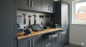A modular heavy duty garage storage system featuring cabinets surrounding a solid timber integrated workbench.