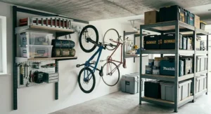 A final wide view comparing the space-saving benefits of a comprehensive heavy duty garage wall shelving system with a traditional freestanding industrial racking unit.