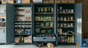 Heavy-duty wooden garage workbench integrated with modular base cabinets and drawers for an organised workshop area.