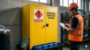 A yellow industrial metal cabinet specifically designed for the safe storage of chemicals and hazardous materials, featuring safety signage.
