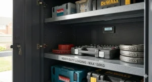 Illustration showing the high weight capacity of a garage storage unit holding heavy automotive parts and equipment.
