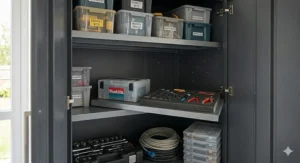 Internal view of a heavy duty garage storage cabinet showing reinforced adjustable shelves holding power tools.