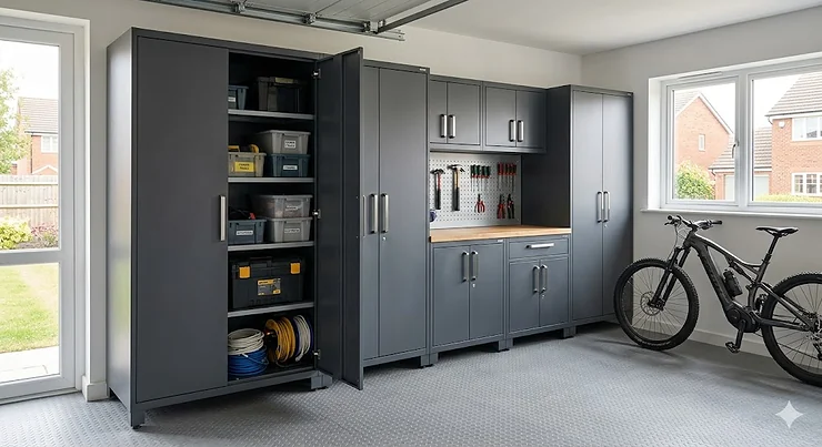A complete set of dark grey heavy duty garage storage cabinets and units installed in a modern UK home garage with a clean floor. heavy duty garage storage cabinet