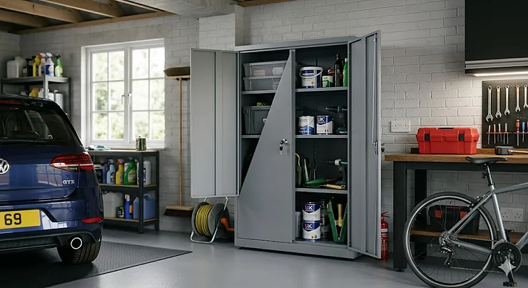 Large grey lockable garage cabinet with reinforced doors in a tidy residential garage. lockable garage cabinet