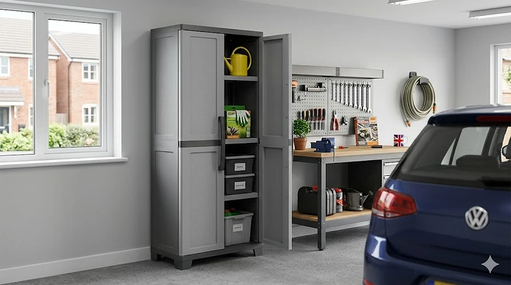 High-quality, tall plastic garage cabinet in a modern UK home garage, showing a sleek grey finish with lockable doors. plastic garage cabinet