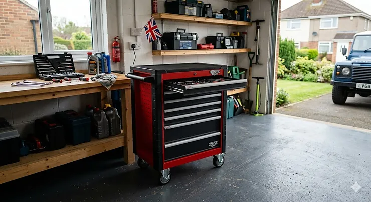A photorealistic image of a professional red and black rolling tool chest with an open drawer and integrated storage features, complete with Union Jack flags, in a tidy British home garage. rolling tool chest