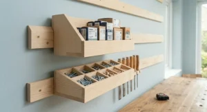 Modular heavy-duty shelving and parts bins integrated into a French cleat system for organising UK garage hardware and fixings.