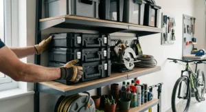 Close-up illustration showing the high weight capacity of steel garage wall shelves holding heavy equipment.