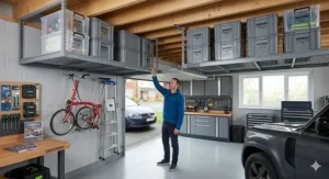 Close-up structural view of a heavy-duty steel ceiling storage rack for garage organisation, showing robust brackets and bolts.