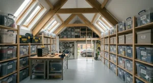 Stackable weatherproof plastic storage containers clearly labelled and stored securely on a boarded garage loft platform.
