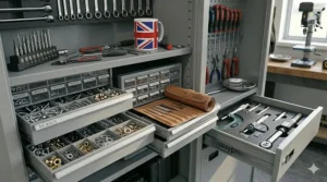 Detailed view of the reinforced welded steel construction and anti-corrosive finish on a professional-grade workshop cupboard.