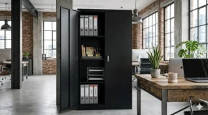 A slimline black metal storage cabinet used for office filing and stationery storage in a modern industrial-style workspace.