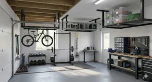 Step-by-step guide diagram showing how to safely fix a ceiling storage rack to wooden garage joists.