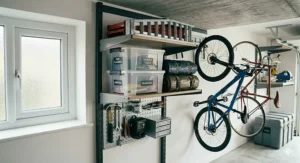 A fully loaded heavy duty garage wall storage solution with integrated bicycle racks, large storage bins, and pegboard organisation.