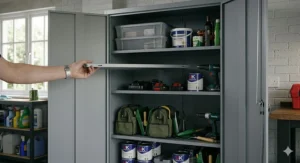 Interior view of a lockable garage cabinet showing height-adjustable steel shelves.