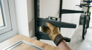 A hand with a spirit level checking a bracket on a newly installed heavy-duty garage wall shelving unit.