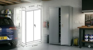 Illustration showing the height, width, and depth of a standard UK garage cabinet.