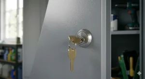 Close-up of a secure cylinder lock on a steel garage storage cupboard.