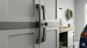 Close-up of lockable handles on a grey plastic utility cabinet, designed for secure tool storage and child safety.