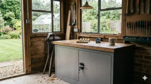 A waist-height metal storage unit with a wooden worktop surface, ideal for use as a secondary workbench in a shed or unit.