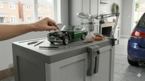 A low-profile plastic garage base cabinet with a flat top used as an additional work surface in a domestic workshop.