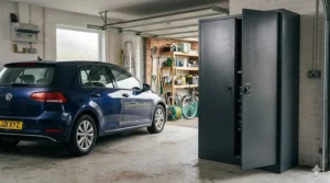 A lockable metal storage cabinet used for garage organisation, standing next to a parked car in a domestic UK garage.