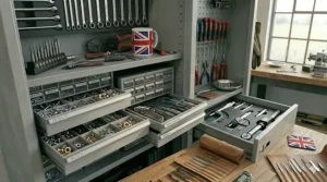Close-up of adjustable levelling feet on a stationary metal workshop cabinet to ensure stability on uneven concrete workshop floors.
