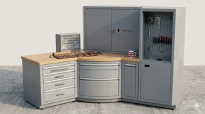 Internal view of a metal workshop cabinet showing adjustable galvanised steel shelving and soft-close drawers for organised tool storage.