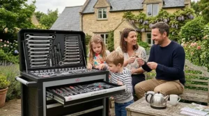 A sleek mobile professional tool chest with a wooden worktop being used as a bench for assembling a small engineering kit outdoors.