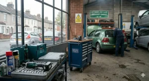Side view of a mobile tool station featuring a built-in UK power strip charging cordless drill batteries.