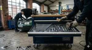 A mechanic using the solid wooden workbench top of a mobile tool station to strip down and repair automotive components.