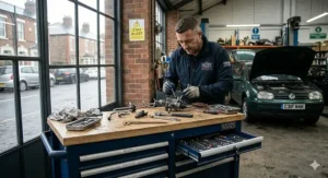 A close-up of mechanical parts, tools, and a cleaning cloth laid out on the durable oak worktop surface of a mobile tool station.